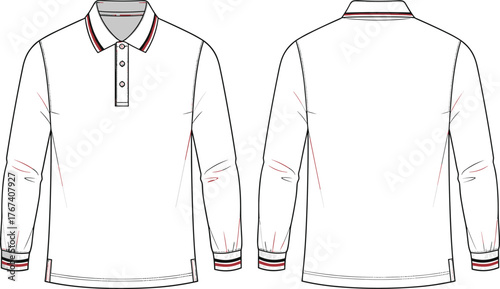 White polo shirt flat sketch, long sleeve garment design, fashion technical drawing, apparel template, collar placket detail, striped cuffs, back view