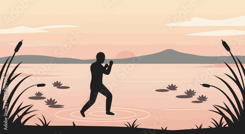 Silhouette of a person practicing martial arts in a serene lake at sunset with mountains in the background