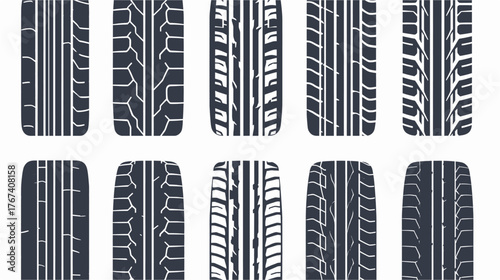 A vector illustration showcasing a collection of tire tread patterns in a detailed, graphic design for automotive and transportation themes.