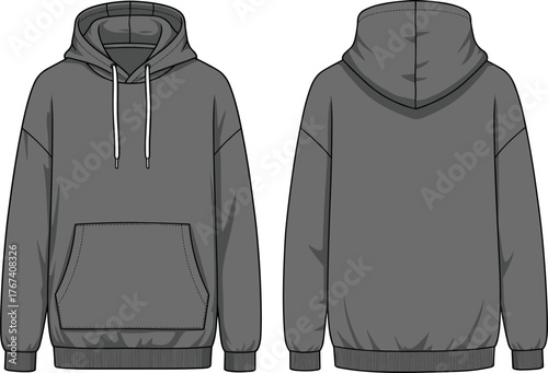 Dark gray hoodie front and back view, casual sweatshirt with kangaroo pocket, drawstring hood, ribbed cuffs, plain back design, apparel