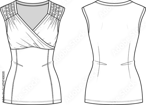 Sleeveless top technical drawing, women fashion blouse, surplice neckline garment sketch, apparel flat template, clothing design illustration, fitted draped style pattern