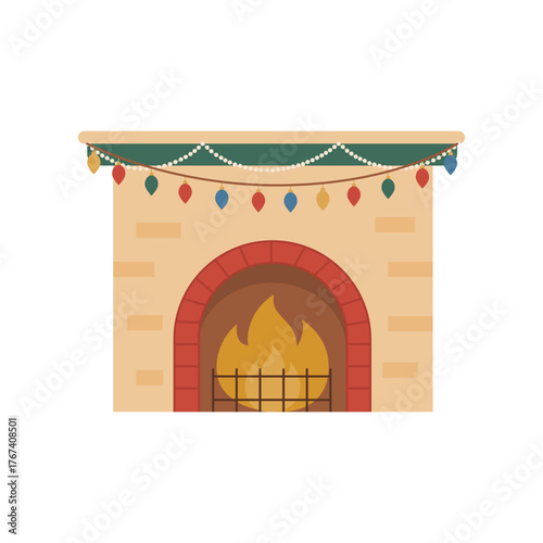 Christmas fireplace with garland and lights, cozy holiday decoration vector illustration. Isolated on a white background.