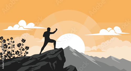 Silhouette of a person performing martial arts on a rocky cliff at sunrise, with mountains in the background and clouds in the sky