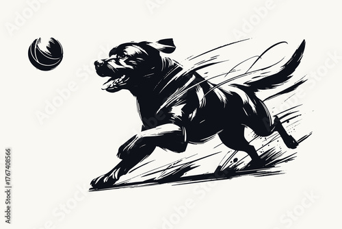 Labrador running after ball brush ink dynamic illustration vector