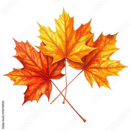 Three vibrant maple leaves in shades of orange, yellow and red, isolated on black