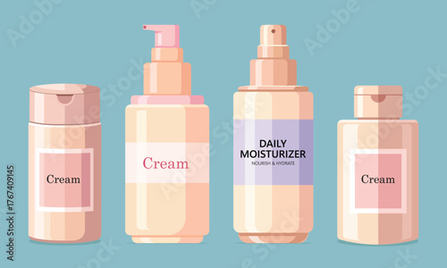 Luxurious skincare set for radiant skin featuring cream and daily moisturizer bottles. flat vector illustration