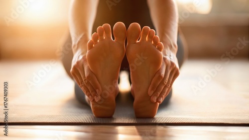 Person stretching on a yoga mat, focusing on their feet in a serene indoor environment with warm lighting.