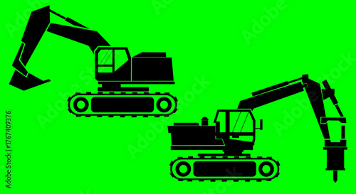 Dynamic industrial scene featuring two black excavators in silhouette operating on rugged terrain. Ideal for construction, engineering, or machinery themes. Evokes strength, progress, heavy equipment