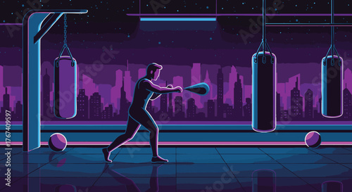 Boxing Training Silhouette Against Cityscape in Retro Style