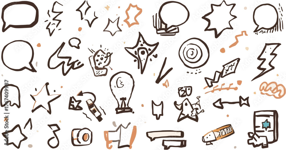 Fototapeta premium A collection of hand-drawn vector illustrations featuring speech bubbles, stars, lightning bolts, and other creative elements for design and communication.