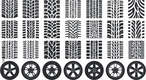 A vector illustration showcasing a variety of tire tread patterns and wheel designs, perfect for automotive or transportation-themed projects and designs.