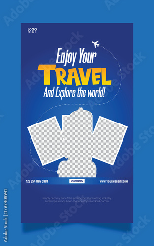 Enjoy your travel and explore the world with airplane and globe illustration