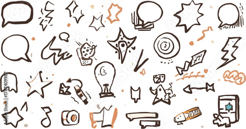 A collection of hand-drawn vector illustrations featuring speech bubbles, stars, lightning bolts, and other creative elements for design and communication.