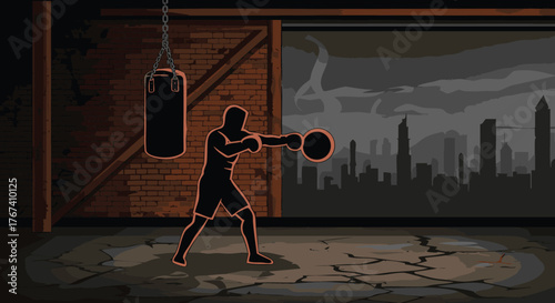 Vector illustration of a boxer's silhouette during an intense training session in a gritty, urban gym with a city view