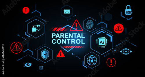 Εκτύπωση καμβά Parental control technology interface with icons representing online safety, time limits, and content restriction on dark background concept drawing