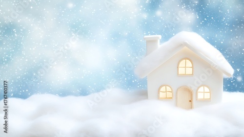 Cozy winter cottage glowing with warm light in snowy landscape high resolution photo