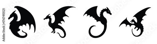 Dynamicblacksilhouettedragonssetmythicalcreaturesflyingposesforfantasyartanddesignprojects
