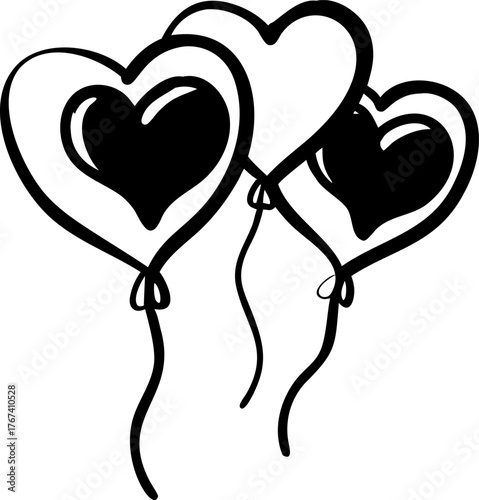 Hand drawn icon of three heart-shaped balloons, isolated on white. Represents joy and romantic celebration.