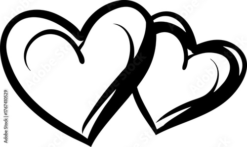 Hand drawn icon of two overlapping hearts, isolated on white. Symbolizes layered emotions and unity.