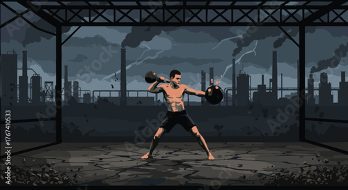 Determined athletic man vigorously training with heavy kettlebells in a gritty, dark industrial urban landscape, showcasing intense strength and a powerful workout session