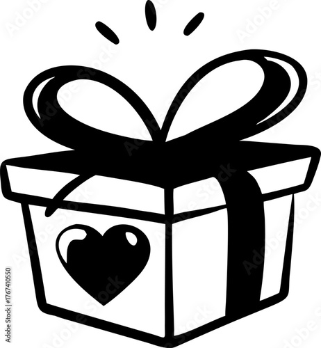 Hand drawn icon of a gift box with bow and heart, isolated on white. Represents romantic gifting and celebration.