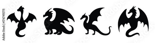 Foursilhouetteddragonsvariousposesmajesticmythicalcreaturesfantasyartcollection