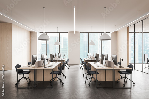 Modern open space office interior with minimalist design, shared workstations, and natural lighting in a high-rise building workspace. 3D Rendering