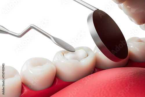Canvastavla Dental filling procedure concept showing tooth restoration with tools on molars and gums during treatment, close-up view on white background