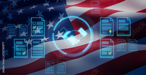 Fotografie Digital handshake and document icons over American flag in double exposure style representing legal agreement and government contract concept