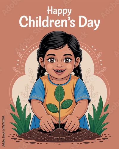 Happy Children's Day Girl Planting Tree Illustration with Nature Background