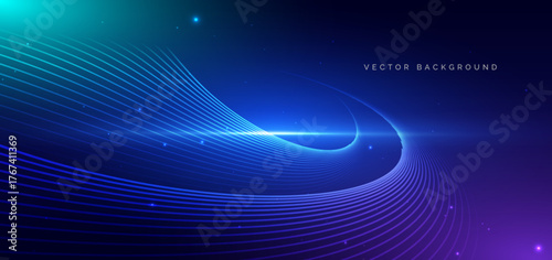 Abstract geometric curved lines technology on dark blue backgroung. High speed motion moving concept.