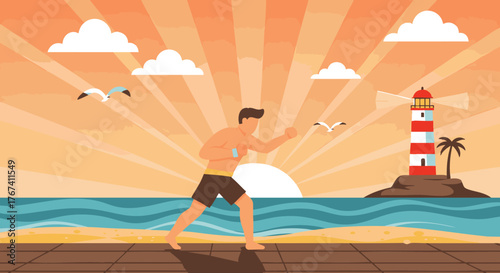 Man Boxing on the Beach at Sunset with Lighthouse and Seagulls, Fitness and Outdoors