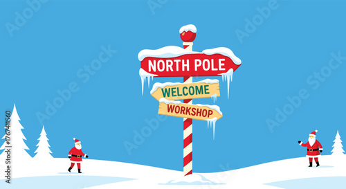 Charming illustration of Santa Claus figures and a North Pole signpost in a snowy winter landscape.