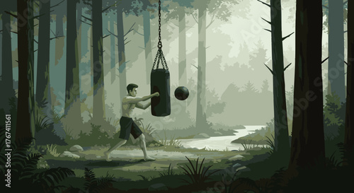 Man Training with Punching Bag in Nature A Serene Fitness Scene