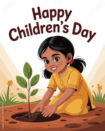 Happy Children's Day Girl Planting Tree Illustration with Nature Background