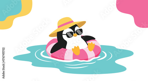 A cute cartoon penguin wearing a straw hat and sunglasses relaxes in a pink inflatable tube in the water.