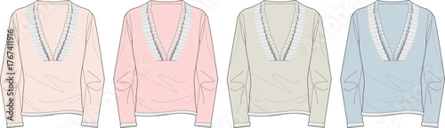 Vector fashion flats of four women's long-sleeve V-neck blouses with layered collars in soft pastel hues. Ideal for apparel design, clothing mockups, and garment development projects