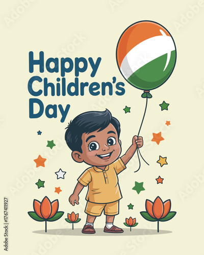 Happy Children’s Day India with Balloon and Floral Design
