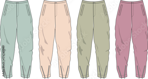 Collection of pastel cargo pants fashion flat sketches, a versatile apparel template design vector for clothing manufacturing and tech packs