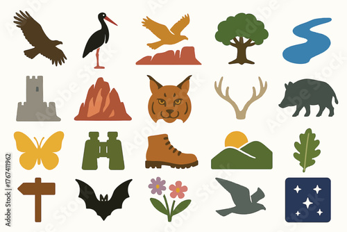 Monfragüe National Park Wildlife and Nature Icons Collection