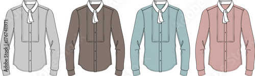 Collection of four elegant women's formal dress shirts in assorted pastel colors, displayed against a white background