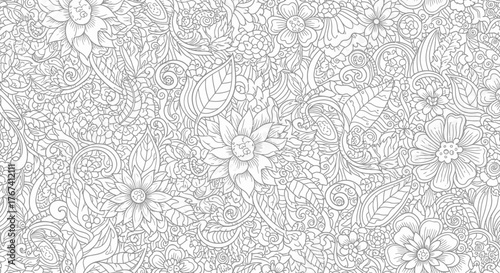 Intricate Detailed Monochrome Seamless Floral Pattern, Dense Botanical Line Art on an Isolated White Background.