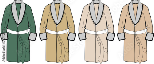 Four stylized illustrations of belted robes in different color variations, showcasing fashion design concepts