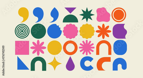 A vibrant and playful collection of modern abstract geometric and organic shapes used as creative design elements