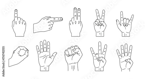 Collection of diverse human hand gestures in a minimalist outline style, icons for communication, counting, and non-verbal expression