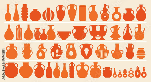A stylized vector illustration featuring a diverse collection of ancient orange pottery, vases, and urns arranged neatly on shelves