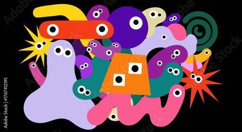 A whimsical collection of colorful abstract doodle monsters and playful geometric shapes with expressive eyes on a black background