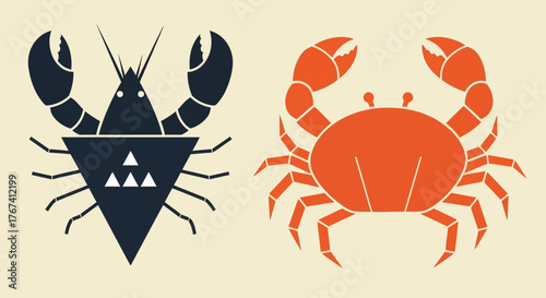A contemporary set of crustacean icons featuring a triangular lobster and a classic orange crab. Simple sea life vector graphics