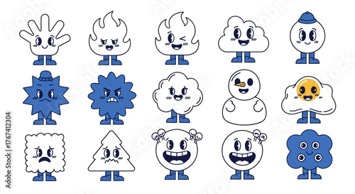 Groovy collection of retro cartoon mascot characters, a fun and expressive sticker pack of doodle emojis with vintage comic faces