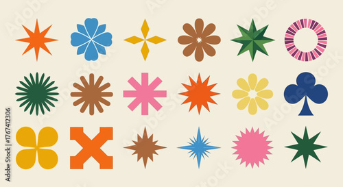 A vibrant set of abstract geometric shapes and icons inspired by 70s groovy and Y2K brutalist aesthetics